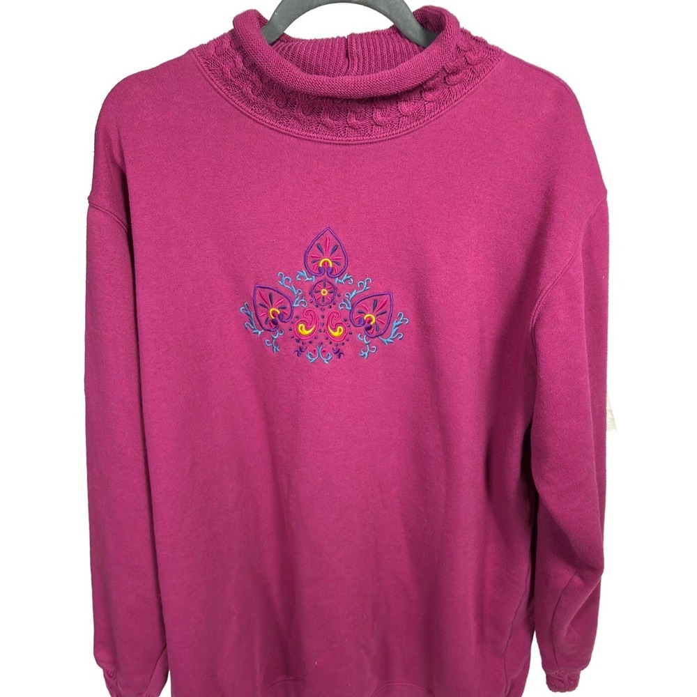 VTG Hunt Club Sweatshirt Large Womens Embroidered Mock Neck Vintage Magenta Pink